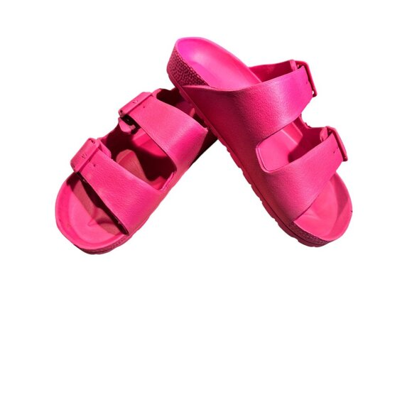 Bright Pink Double Strap Buckle Sandals Womens Size 8 Lightweight Slip-On Comfy - Picture 3 of 9